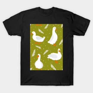 White Pekin Ducks with feathers and dots repeat pattern T-Shirt